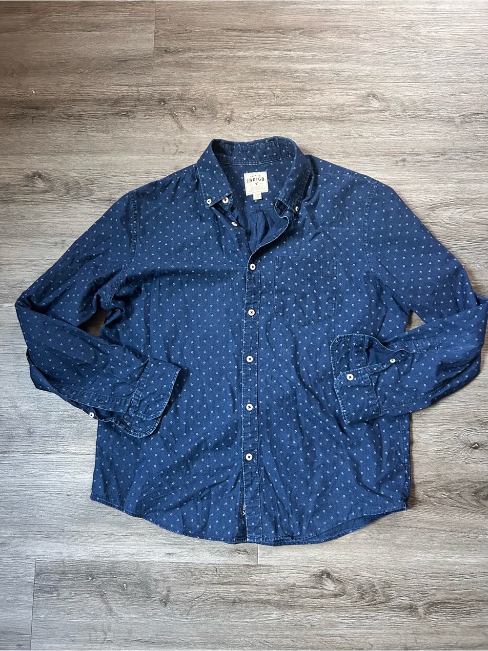 American Eagle Mens Large Navy Blue Floral Polka Dot Button Down Shirt Cotton
